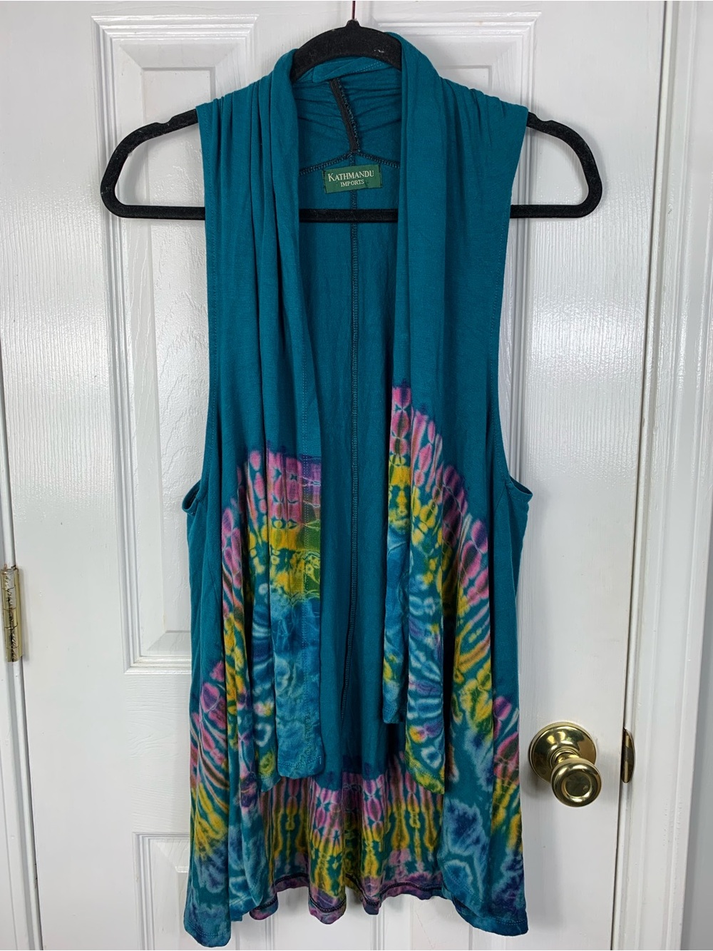 Kathmandu Imports Teal Sleeveless Tie-Dye Draped Open Cardigan